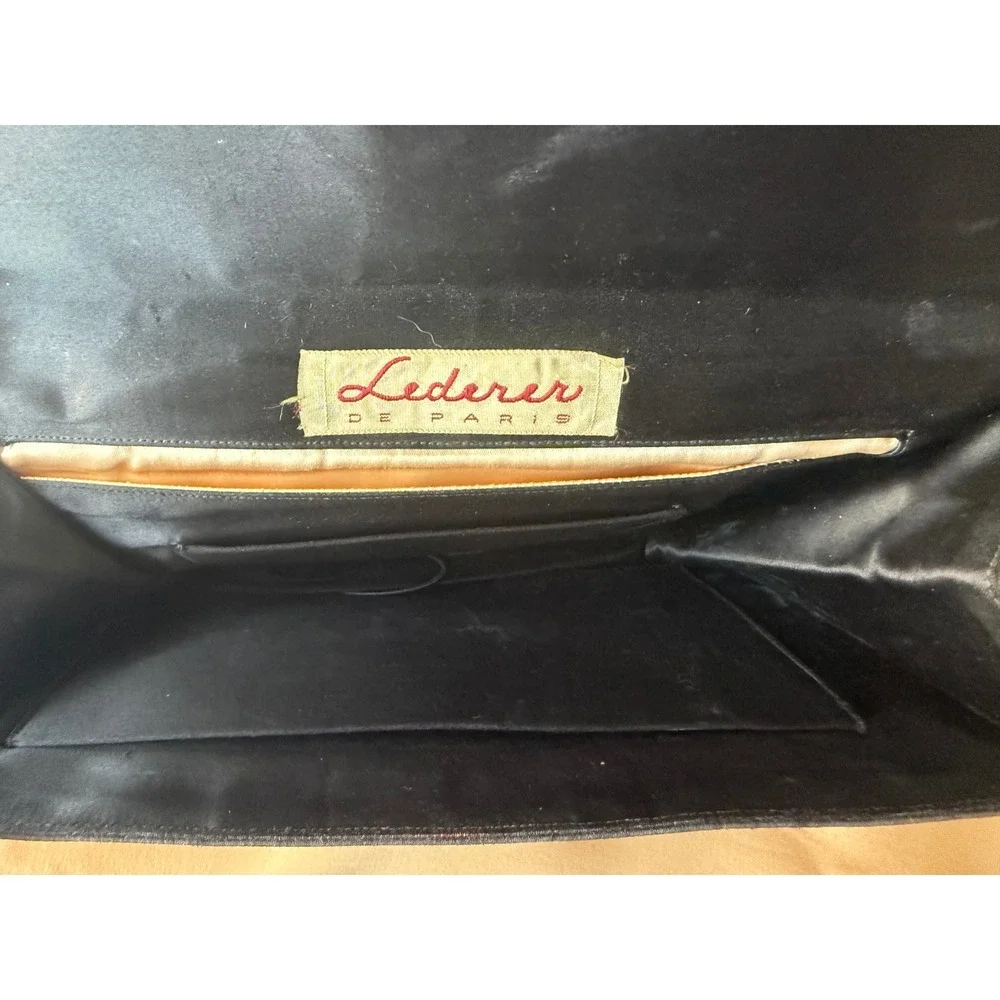 Lederer de Paris Vintage Black Pleated Silk Envelope Clutch Brown Leather Trim